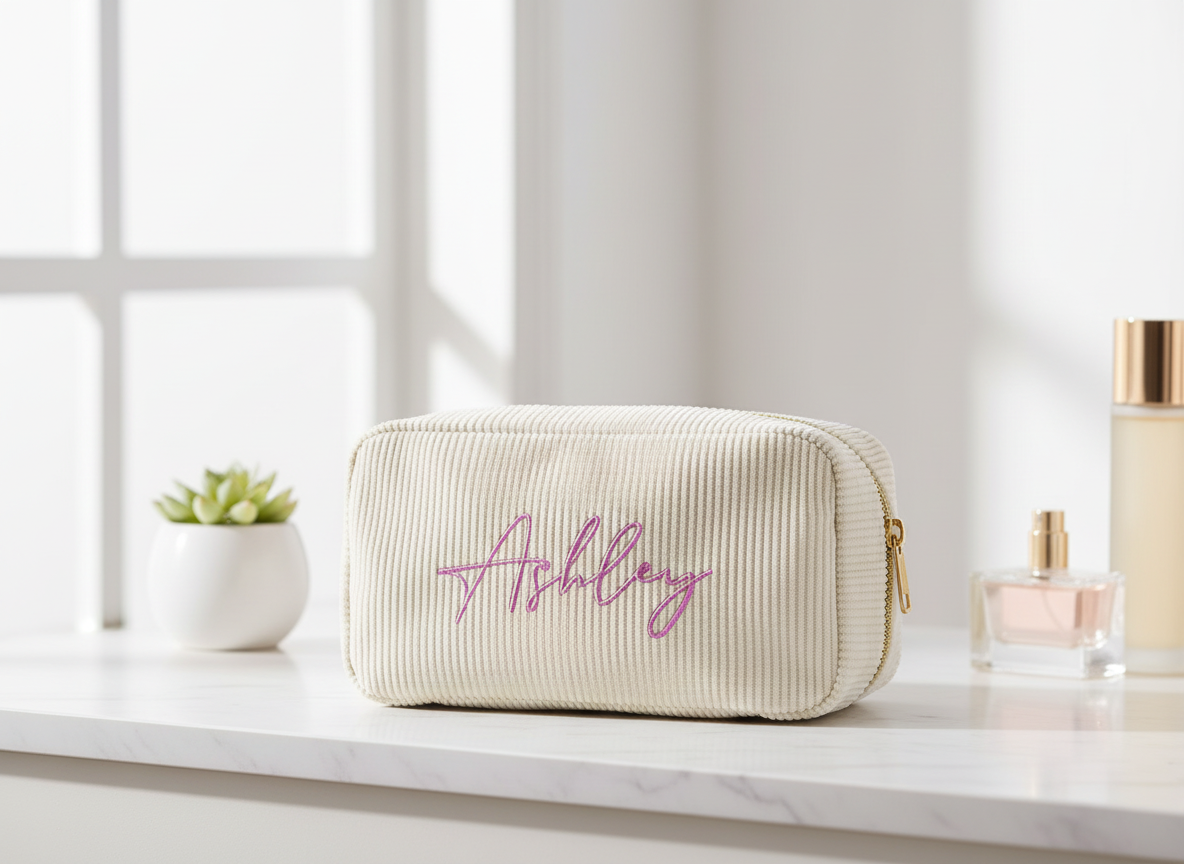 Customized Corduroy Makeup Bag in elegant setting